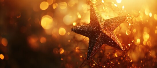Poster - Close up of golden star shaped decoration illuminated by warm bokeh lights creating a festive and enchanting Christmas atmosphere
