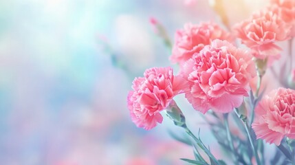Poster - Close up of fresh pink carnation flowers with soft focus background and space for text in a beautiful nature setting