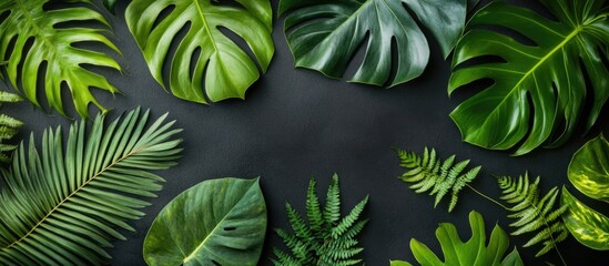 Poster - Tropical foliage flat lay featuring palms monstera and fern leaves on a dark background showcasing natural beauty and lush greenery