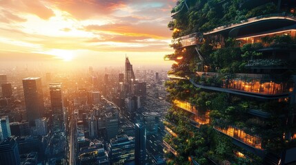 Poster - Urban landscape showcasing innovative sustainable architecture with vertical gardens and futuristic glowing elements, transforming the skyline at sunset.