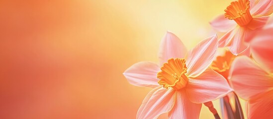 Poster - Elegant Daffodil Double Delight Blooming in Soft Orange Light with Room for Text or Branding