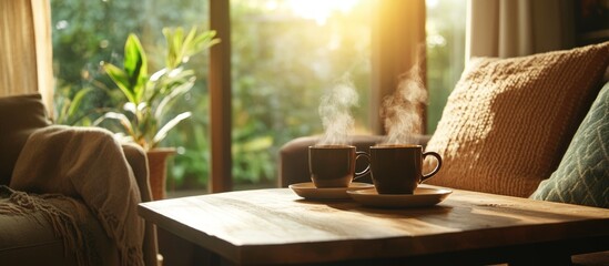Poster - Cozy living room scene with steaming coffee cups on a wooden table near sunlit windows and greenery in the background.