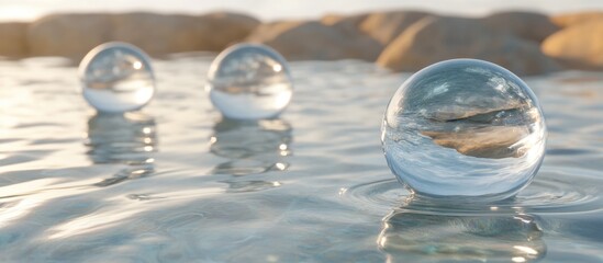 Poster - Floating glass orbs on tranquil water surface with serene natural backdrop and ample space for overlaying text or branding