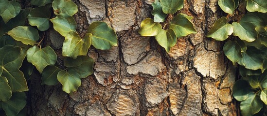 Poster - Closeup of textured tree trunk with vibrant green leaves showcasing nature's intricate details and organic beauty.
