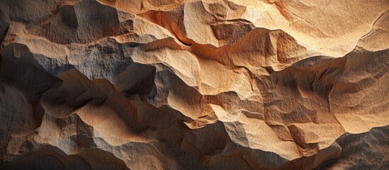 Poster - Textured closeup of crumpled Kraft paper showcasing natural tones and intricate folds ideal for backgrounds and creative projects.