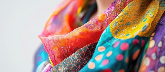 Poster - Colorful fabric textures closeup showcasing vibrant patterns on a female figure against a bright white background