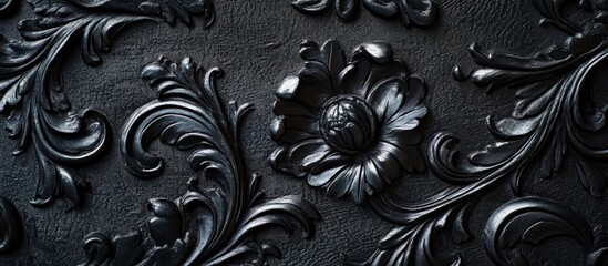 Poster - Elegant closeup of intricate black floral textured background design showcasing depth and detail ideal for classic or modern aesthetics.