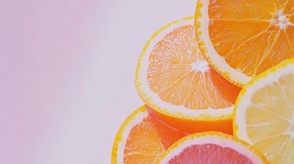 Poster - Vibrant sliced oranges arranged on a soft pastel backdrop showcasing a minimalist healthy diet flat lay ideal for fruit art design and text space