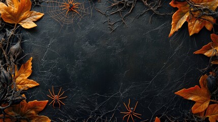 Poster - Close up of spiderweb surrounded by autumn leaves and spiders on a dark background with space for text or design elements