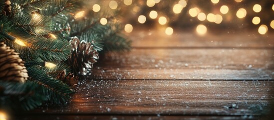 Poster - Close up of festive Christmas lights with pinecones on rustic wooden surface for holiday decoration and celebration concept