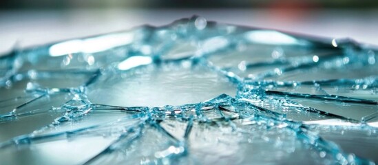 Poster - Close-up Shot of Shattered Glass Surface with Intricate Cracks and Reflective Details