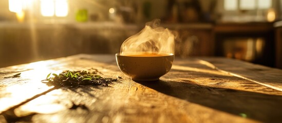 Aufkleber - Steaming cup of tea on rustic wooden table with green tea leaves in soft morning light