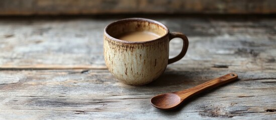 Aufkleber - Warm cup of coffee with wooden spoon on rustic textured wooden background inviting a vintage aesthetic.