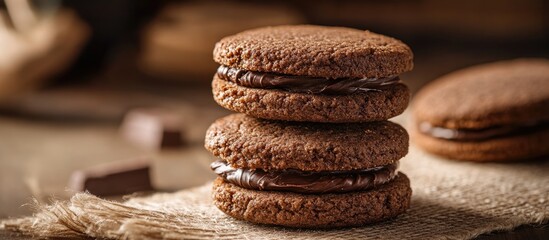 Aufkleber - Crunchy round chocolate cream sandwich cookies stacked on burlap with rustic background showcasing homemade dessert appeal