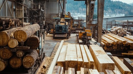 Poster - Woodworkers at a bustling sawmill, operating large machinery and cutting logs into planks, showcasing the craftsmanship and industry of timber production.