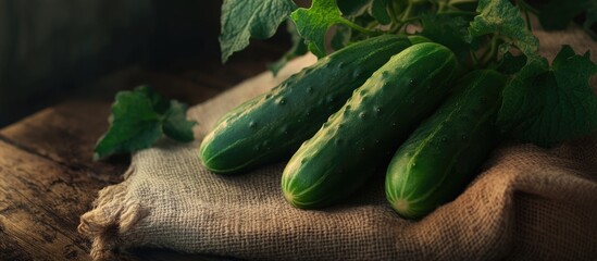 Leinwandbilder - Fresh cucumbers resting on burlap fabric atop a rustic wooden table surrounded by green foliage and natural lighting.