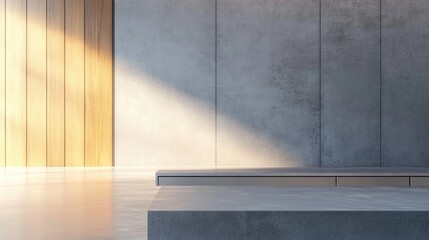 Poster - Modern minimalist kitchen interior featuring gray cabinetry and luxury countertop with wooden accent wall and ample blank space for design ideas.