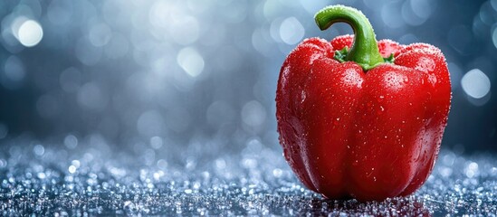 Poster - Vibrant crimson bell pepper on a sparkling background with clear space for added text or branding elements