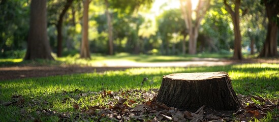 Poster - Tree stump in lush green park surrounded by sunlight and foliage evoking a tranquil natural environment
