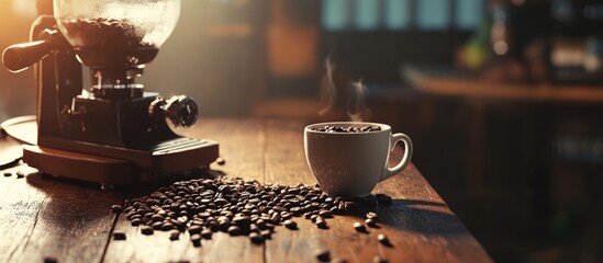 Poster - Vintage coffee grinder next to a cup filled with coffee beans on a wooden table with warm light creating a rustic coffeehouse atmosphere
