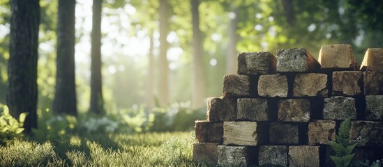 Fototapete - Stacked Cut Timber Wood with Lush Green Forest in Soft Morning Light