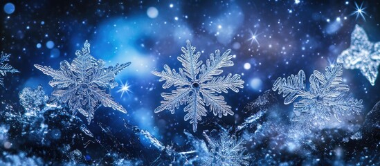 Poster - Frozen snowflake crystals on glass surface with a blue starry background creating a magical winter wonderland atmosphere.