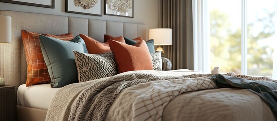 Poster - Stylish and cozy bedroom with decorative cushions on a bed, featuring warm tones and elegant textures for a modern interior design ambiance.