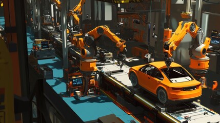 Poster - Workers and robotic arms working together on a car assembly line in a state-of-the-art manufacturing facility, demonstrating efficiency in vehicle production.