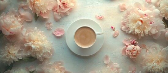 Aufkleber - Coffee cup surrounded by soft pink peony flowers in a beautifully toned composition for a serene and elegant atmosphere.