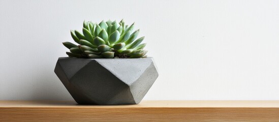 Aufkleber - Geometric concrete planter with green succulent on wooden shelf against white background ideal for modern interior design concepts