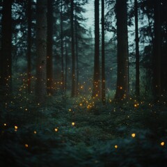 Wall Mural - Forest at night filled with glowing fireflies and zen papaya trees providing a serene atmosphere
