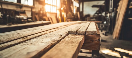 Poster - Rustic Workshop Interior Featuring Wooden Furniture Crafting and Warm Natural Light with Blank Space for Text