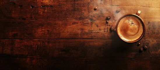 Poster - Coffee cup with steaming beverage on rustic wooden table coffee beans scattered around warmth and comfort ambiance