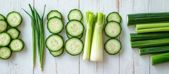 Poster - Fresh Cucumbers and Leeks Pattern Background in Bright Summer Colors Perfect for Food-Related Designs and Culinary Themes
