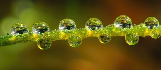 Poster - Dewdrops glistening on a slender green grass blade with a blurred natural background creating a serene and refreshing atmosphere.
