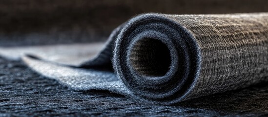 Poster - Close-up of rolled non-woven or woven fabric in black and gray showcasing texture and detail in natural lighting on a dark background.
