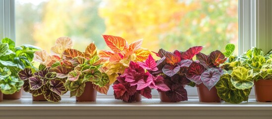 Poster - Colorful Coleus plants in pots on a windowsill showcasing vibrant autumn leaves and blooming flowers in a beautiful horticultural display