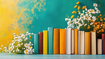 Poster - Colorful bookshelf arrangement with diverse book covers and floral accents over a vibrant background for promotional text space