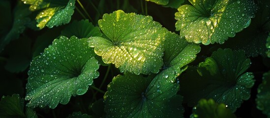 Poster - Morning dew glistening on vibrant green leaves in natural sunlight showcasing freshness and tranquility in nature.