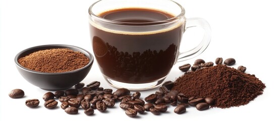 Poster - Aromatic coffee composition featuring brewed coffee, ground coffee, and whole beans on a clean white background