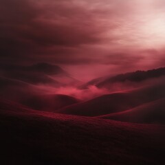 Wall Mural - Moody red sky with fog over a mysterious landscape featuring a zen papaya tree in the foreground