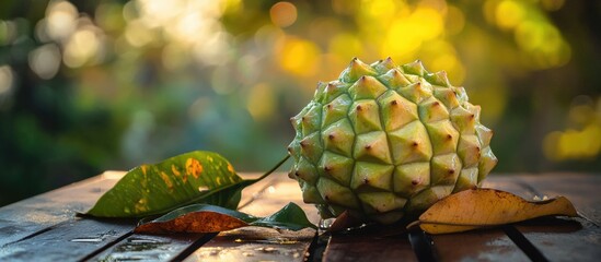 Poster - Tropical custard apple resting on a wooden table with vibrant green leaves and soft sunlight in the background showcasing natural beauty.