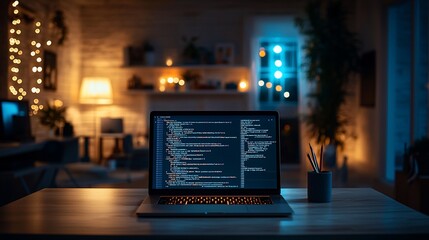 Night coder works on laptop in cozy home office