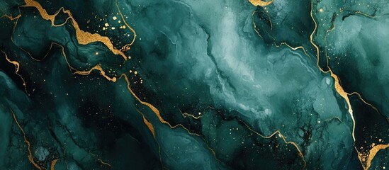Poster - Dark green marble texture with gold veins elegant watercolor background for artistic designs and luxury decor with space for text.
