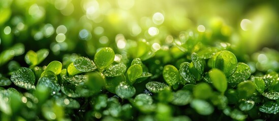 Wall Mural - lush green duckweed with dewdrops glistening in sunlight creating a serene and tranquil natural envi