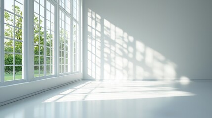 Poster - Sunlight floods into a minimalist room through expansive windows, casting intricate shadows on the smooth, white floors. The tranquil setting invites creativity and calm