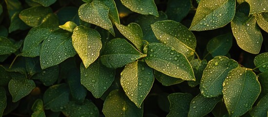 Poster - Dew droplets glistening on lush green leaves in natural light showcasing nature's beauty and freshness.