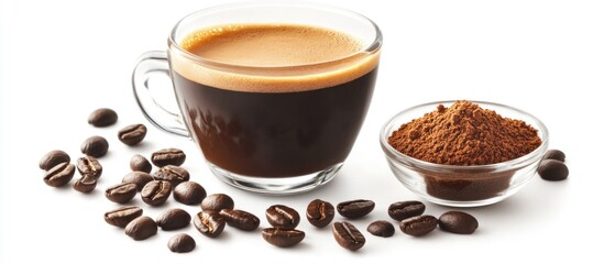 Aufkleber - Glass coffee cup with espresso and ground coffee alongside coffee beans on a clean white background for beverage and food concepts.