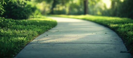 Aufkleber - Serene concrete footpath surrounded by lush green grass in a tranquil natural setting ideal for relaxation and peaceful walking experiences.