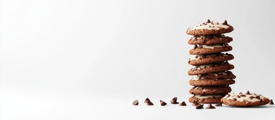 Poster - Delicious stack of chocolate chip cookies with chocolate pieces on a clean white background perfect for advertising or promotional use